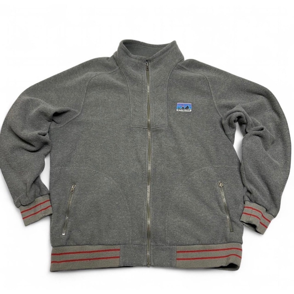 Patagonia Men's Large Grey Merino Wool Blend Full Zip Fleece Jacket Red Stripe